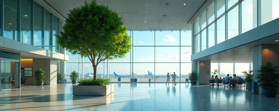 Bright modern airport terminal boasts glass walls. Passengers are relaxing, waiting for their flight. A large green tree is located in a seating area of the terminal. Planes are seen through window. - Powered by Adobe