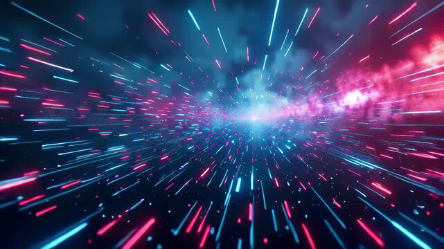 Sci-fi hyper speed space travel effect with bright neon blue and pink light streaks radiating from central light source, deep space journey through wormhole nebula, 4K UHD