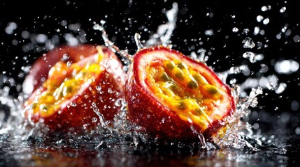 Freshly sliced passion fruit halves splashing into water, creating a dynamic scene filled with energy, freshness, and vibrant colors that delight the senses.