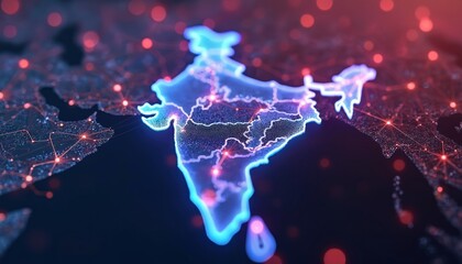 Digital map of India shows interconnected network dots. Tech data flows across country borders. Modern communication infrastructure, global connection concept for India. Graphic represents digital