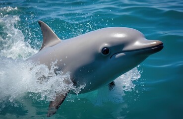 Naklejka premium Light gray marine mammal jumps from blue ocean water. Porpoise dolphin splashes drops surfacing. Animal swims in sea, shows head, dorsal fin above waves. Creature represents important ocean life,