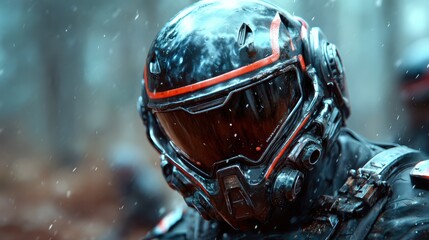 Fototapeta premium A soldier wearing advanced futuristic armor stands poised in a snowy forest, evoking themes of bravery and resilience in a sci-fi inspired environment.