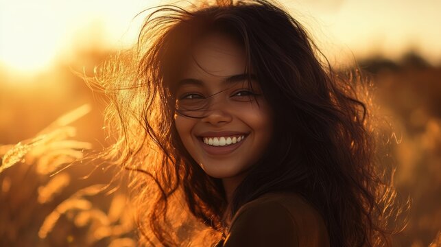 Joyful young woman smiling in sunlit field nature portrait photography warm atmosphere close-up view celebration of life