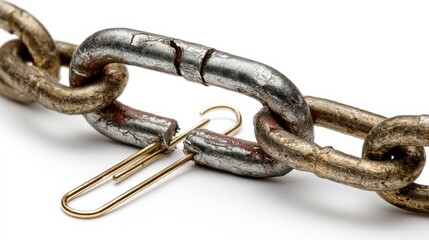 Obraz premium close up of a broken chain and a paper clip on white background no logos no brands ar 169