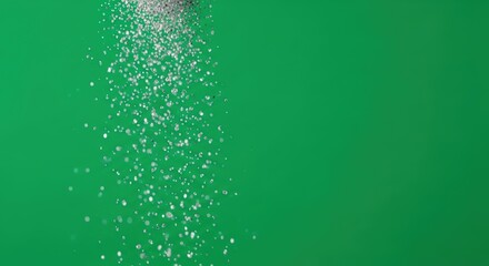 Falling silver glitter particles against a solid green background in a studio setting