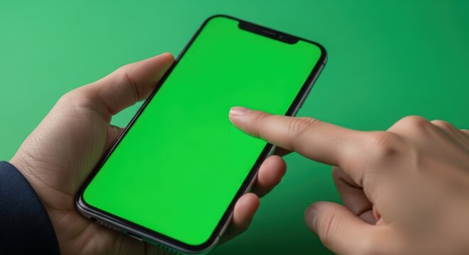 Person holding smartphone with green screen and touching the screen with their finger
