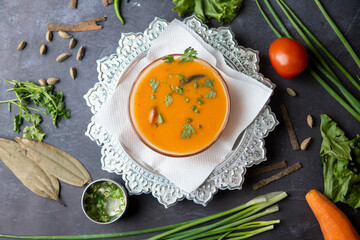 Thai Soup Bowl with Coriander Garnish Served on a Silver Plate top view of bangladeshi food