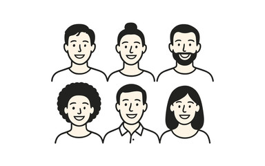 Fototapeta premium Diverse cartoon characters with various hairstyles in monochrome