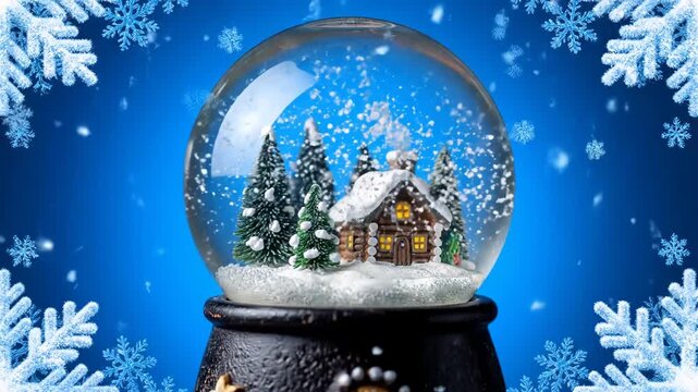 A miniature snow globe featuring a charming log cabin surrounded by pine trees, with snowflakes falling against a vibrant blue background