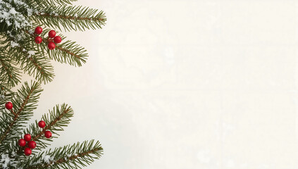 Diagonal pine branches with red berries and snow dusting along bottom-left corner; soft background with empty top-right for text; 16:9 cinematic layout; warm sunlight filtering
