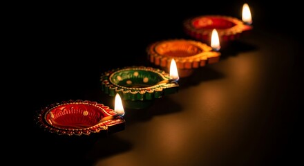 Row of illuminated traditional clay diyas with flickering flames on a dark background