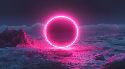 A sphere emits a radial neon glow in hyperrealistic detail. The scene emphasizes luminous energy, futuristic aesthetics, and dynamic light patterns, highlighting vibrant color, reflection, and ambient