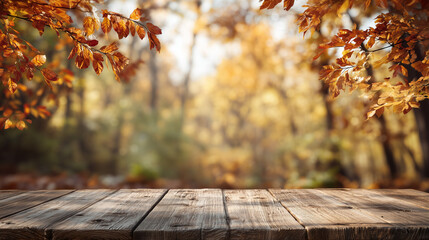 Wooden tabletop set against the backdrop of an autumn forest