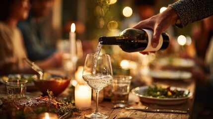 man pouring a friend a glass of wine during a candlelit dinner party around a table with friends  no logos no brands ar 169