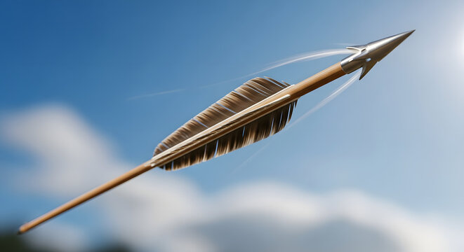 Feathered arrow flies through the bright blue sky. - Powered by Adobe