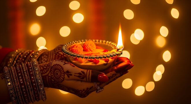 Woman s decorated hand holds a lit diya oil lamp with bokeh lights background