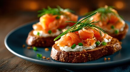 Artfully arranged toasts topped with smoked salmon and creamy cheese, finished with fresh dill, create an elegant and flavorful bite-sized appetizer perfect for gatherings.