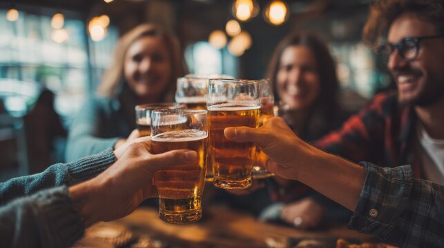 group of happy friends drinking and toasting beer at brewery bar restaurant  friendship concept with young people having fun together at cool vintage pub  focus on left pint glass no logos no brands 
