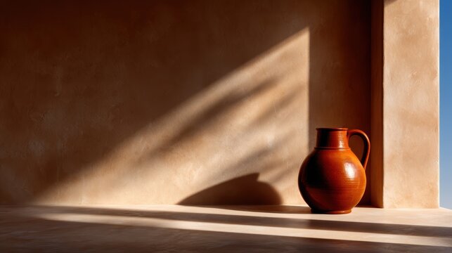 An artistic still life shot of a beautifully crafted pottery jug against a warm textured background, highlighting the craftsmanship and aesthetic appeal of natural materials. - Powered by Adobe