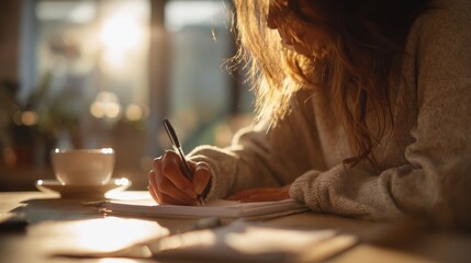 Female hand writing in notebook at sunny caf&eacute;, creative journaling and planning scene for productivity, education, blogging and lifestyle advertising