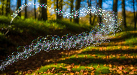 Bubbles float and shimmer in a sunlit forest path during autumn.