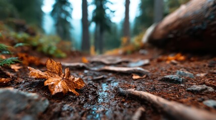 A serene forest pathway is covered with dried autumn leaves, showcasing nature's beauty in fall, inviting reflection and a sense of peace amidst rustic charm.