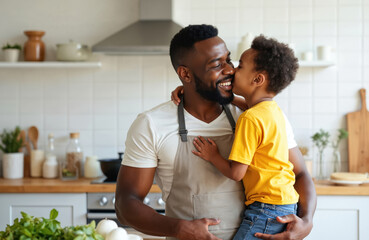 Black father holds cute little son in kitchen while cooking meal. Happy man gets kiss on cheek from child. African american family enjoys time together at home, hugging and smiling.