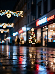 Blurred Christmas city street at night with glowing decorations