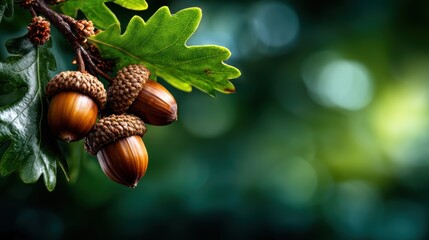 A captivating close-up of ripe acorns hanging from an oak tree branch, showcasing their smooth texture and natural beauty against a bokeh background. Nature's detail!