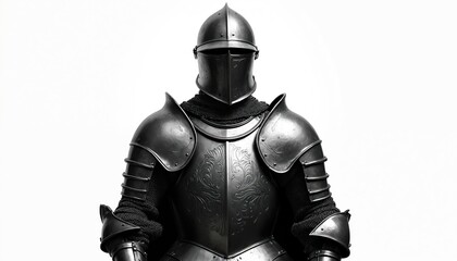 Illustration features detailed view of medieval knight armor. Metallic protective suit isolated on white. Historical design shows the helmet body armor. Symbol of war security battle.