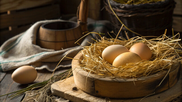 Organic eggs in straw nest, rustic setting, natural and soft shadows.