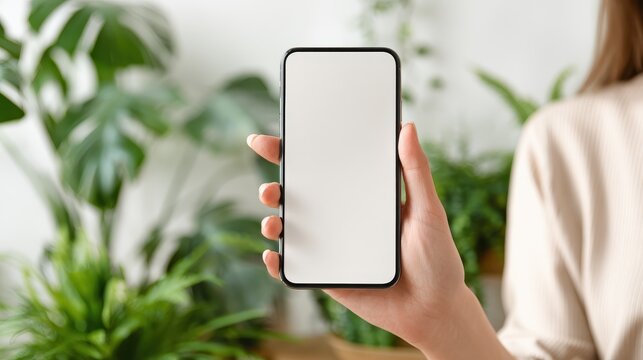 young woman user holding smart phone in hand touching finger mock up white empty cellphone screen using mobile applications at home display mockup close up over shoulder view no logos no brands ar 16