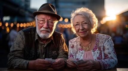 An affectionate elderly couple sharing a joyful moment as they count money together outdoors, capturing the essence of companionship, love, and shared experiences in life.