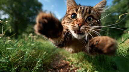 Obraz premium A playful and curious cat leaps energetically through a lush green field, capturing the thrill of playfulness and the joy of nature, inviting all to embrace their adventurous spirit.