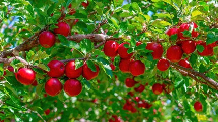 Obraz premium Lush apple tree branches abundantly loaded with ripe red apples surrounded by green leaves