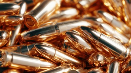 Naklejka premium A dynamic composition of shiny golden bullets arranged artistically, providing a dramatic and powerful visual representation of strength, culture, and the essence of conflict.