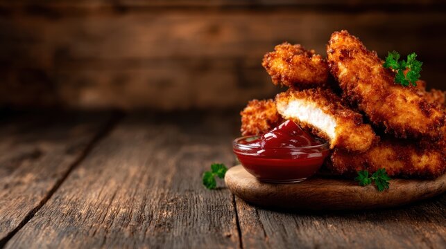 A close-up of golden crispy chicken nuggets served with vibrant ketchup on a rustic wooden board, capturing the warmth and comfort of delicious fried food. - Powered by Adobe
