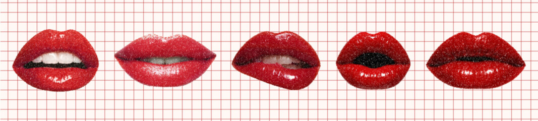 Glossy red lips collage on rid background, halftone pop art aesthetic for beauty, fashion, and glam-inspired design compositions.