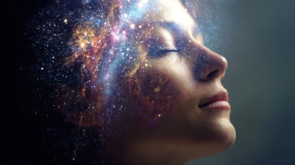 Obraz premium Woman appears to be in a meditative state with cosmic patterns and colors radiating from her head. The scene creates a serene and mystical vibe suggesting deep introspection.