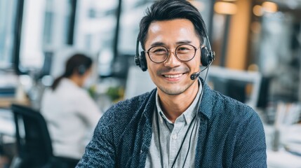 Obraz premium A friendly man wearing glasses and a headset smiles while assisting clients from his well-organized office. Nearby another employee is also engaged in their work creating a collaborative atmosphere.