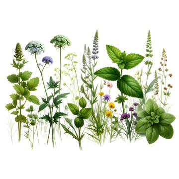 A diverse collection of watercolor-style herbs and flowers against a black background
