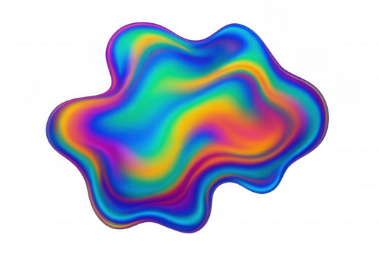 Iridescent liquid blob creating a holographic rainbow gradient abstract shape with a transparent background