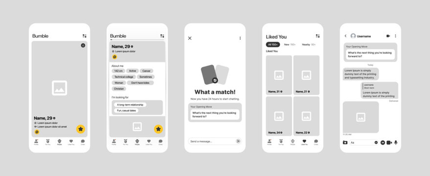 Bumble dating app mobile UI mockup design template &mdash; Bumble social matchmaking and chat interface with profile, about, match, liked you, and conversation screens for user experience and interaction.