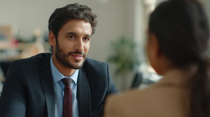 indian male hr specialist manager employer boss listening female latin candidate at job interview consulting client at office meeting hiring and employment human resources recruitment concept no logo