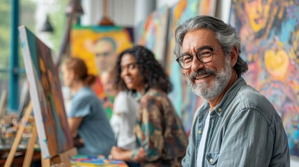 Smiling Artist in Creative Studio Surrounded by Colorful Artworks