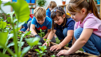 Children engaged in gardening activity at school educational content indoor environment focus on learning