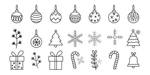 Hand drawn Christmas doodle elements set including Christmas balls, Christmas trees, snowflakes, gift box, winter branches. Vector sketch illustration