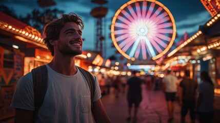 Young Man Smiling at Carnival with Colorful Ferris Wheel at Night