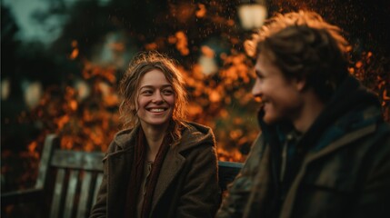 Happy young couple laughing on park bench during autumn evening