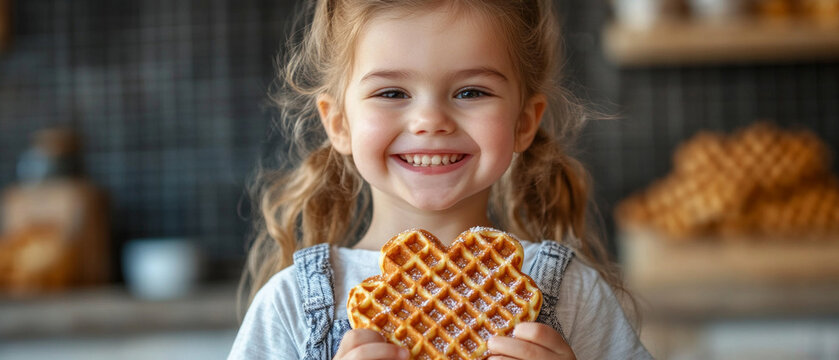 A girl smiles happily, holding a heart-shaped waffle in her hands — suitable for children's blogs, candy advertisements, articles about family leisure activities, and cooking master classes.